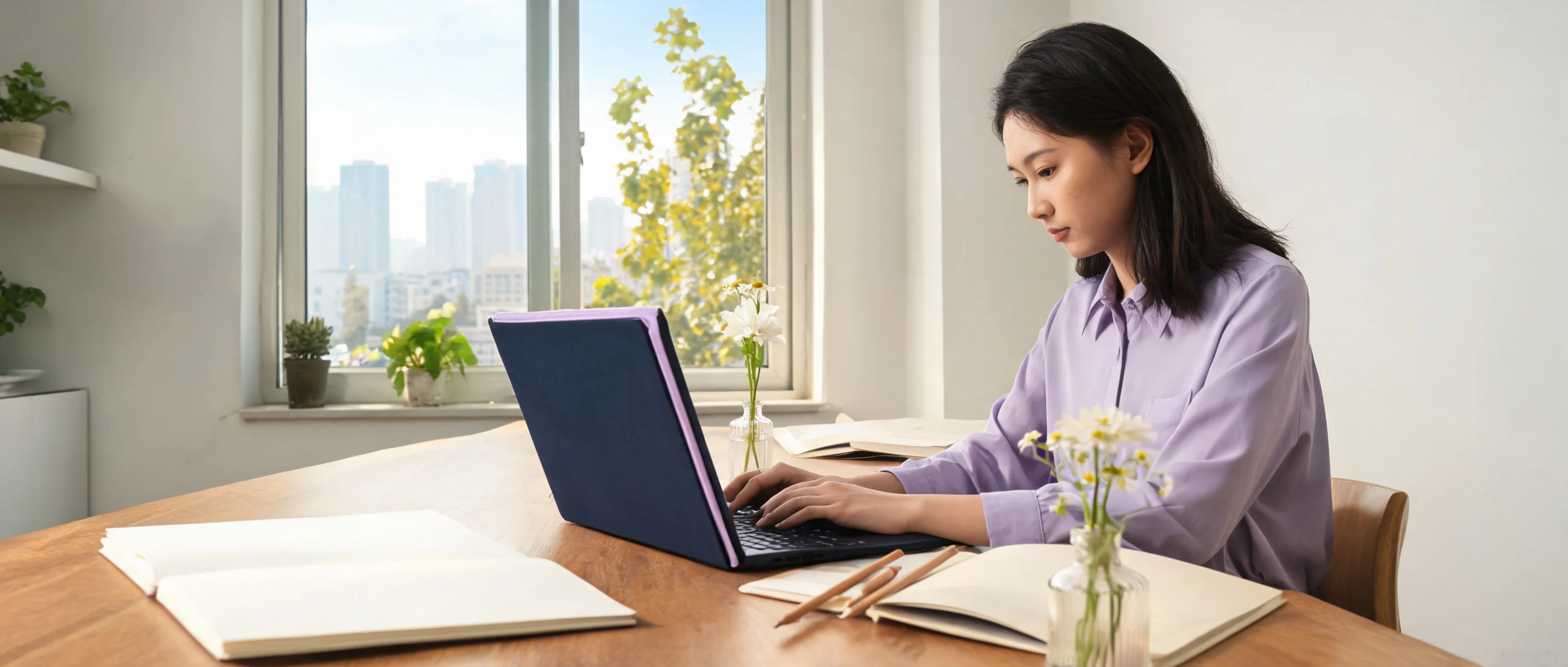 A worker using a laptop beside a window